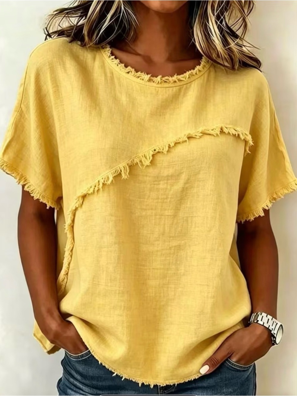 Women’s Round Neck Short Sleeve Casual Top with Fringe Stitches in Yellow